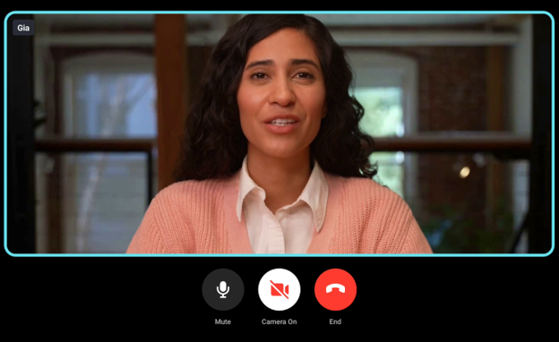 Gia in a live video conversation with a patient, with mute, camera, and end-call controls.